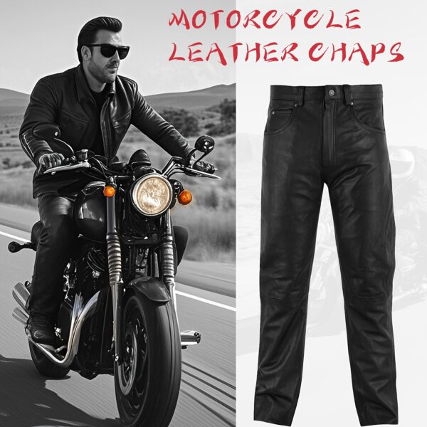 Mens Motorcycle Black Leather Pants With 5 Pockets, Heavy Duty Jeans Style Cowhide Leather Motorcycle Riding Pants/Chaps For Biker - Image 3