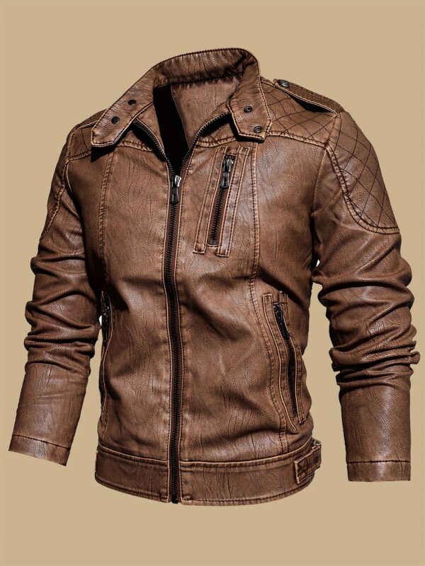 Men's Solid Color Stylish PU Leather Jacket, Chest Pocket Design Street Style Retro Classic Warm Motor Jacket As Gift - Image 7