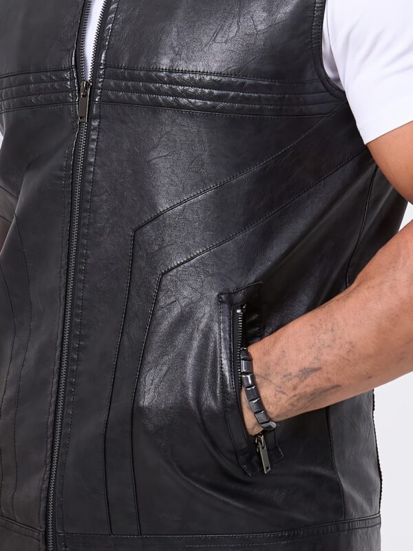 Men's PU Leather Motorcycle Vest - Slim Fit Sleeveless Jacket with Zippered Pockets, Stand Collar & Reinforced Straps, PU Leather & Polyester Blend for Biking, Casual, Daily Wear (Black) - Image 7