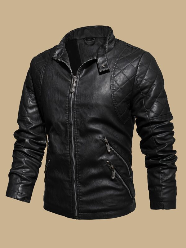 Windproof Shield] Men's Retro PU Leather Motorcycle Jacket - Windproof, Warm Fleece Lined, Adjustable Cuffs, Multiple Zippers & Pockets, Stand Collar, Black, Vintage Style for Fall/Winter Riding & Casual Wear, Motorcycle Protective Gear - Image 9