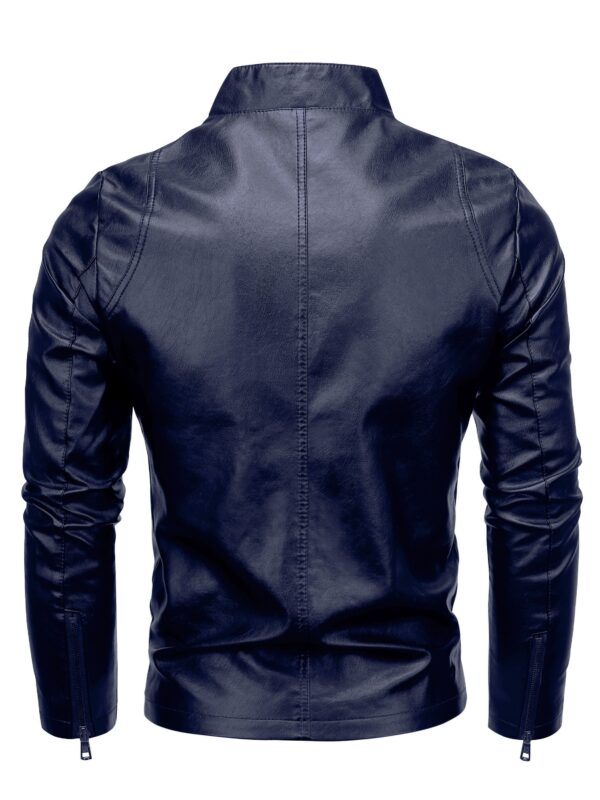 Men's Solid PU Leather Zip Up Stand Collar Motorcycle Jacket For Outdoor Wear, Spring And Fall - Image 6