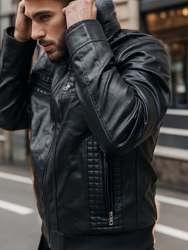 Men'S Casual Stand Collar PU Faux-Faux Leather Zip-Up Motorcycle Bomber Jacket with A Removable Hood - Image 9