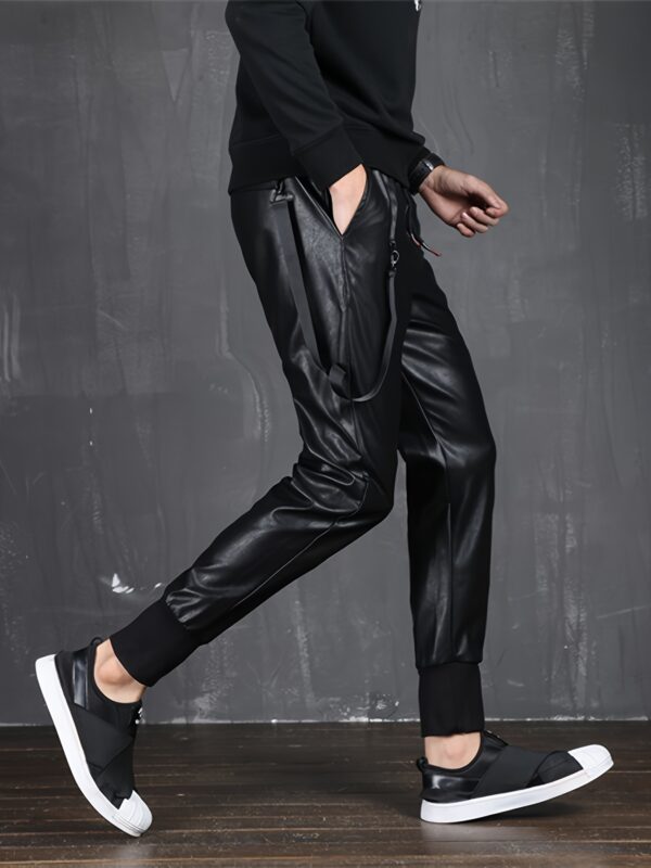 Men`s Faux Leather Joggers PU Pants Elastic Waist Hip Hop Street Style Ankle Cuffed Harem SweatPants - Image 6