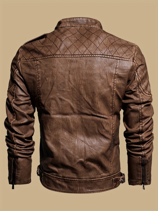 Men's Solid Color Stylish PU Leather Jacket, Chest Pocket Design Street Style Retro Classic Warm Motor Jacket As Gift - Image 4