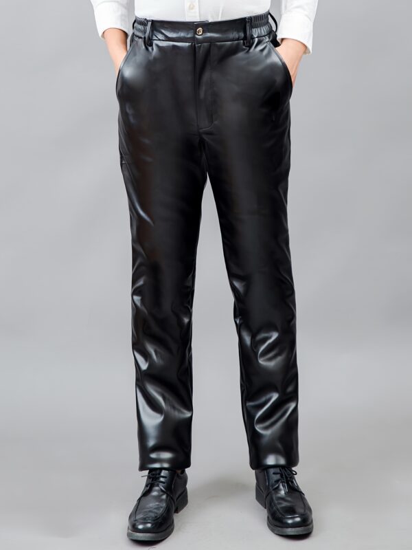 Men's Fleece Lined Solid PU Faux-Leather Pants, Casual Comfy Warm Winter Outdoor Trousers As Gift - Image 2