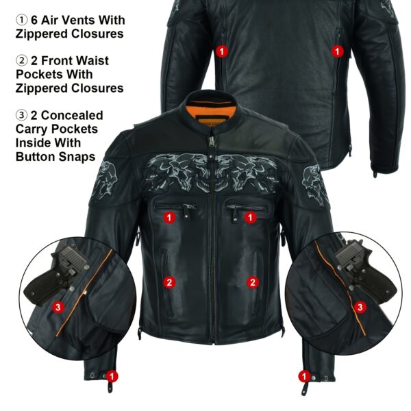 Black Motorcycle Jacket for Men, Genuine Concealed Carry Racing Jacket with Reflective Skulls, Motorcycle Biker Coat Jacket, - Image 2