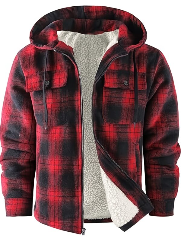[Plaid Sherpa Hooded Jacket] Warm Plaid Hooded Jacket - Men's Durable Fleece-Lined Sherpa Coat with Full Zipper - Casual Winter Apparel with Chest Pockets and Drawstring Hood - Image 2