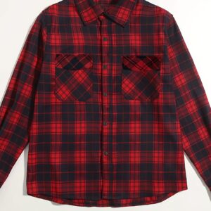 Long Sleeve, Polyester Men's Classic Plaid Flannel Shirt - Autumn Essential, Casual Button-Up Front with Pockets, Non-Stretch Fabric