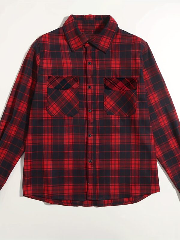 Long Sleeve, Polyester Men's Classic Plaid Flannel Shirt - Autumn Essential, Casual Button-Up Front with Pockets, Non-Stretch Fabric