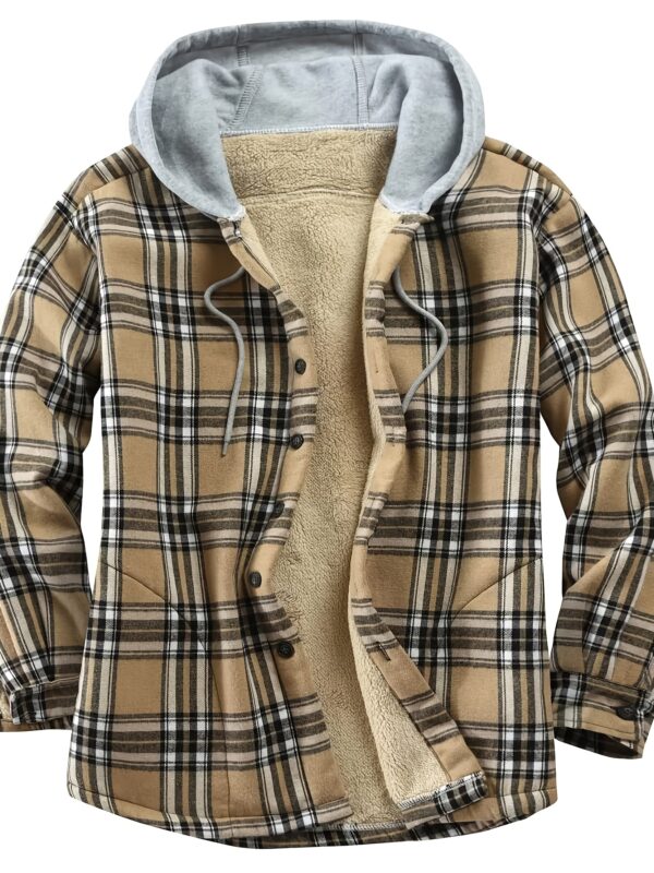 Men's Vintage Plaid Fleece-Lined Hooded Jacket - Warm Sherpa-Lined Button- Shirt with Pockets for Fall & Winter, Beige & Black Retro Style, Long Sleeve, Cotton Blend, Umbrella-Shaped Hem, Fleece Jacket - Image 2