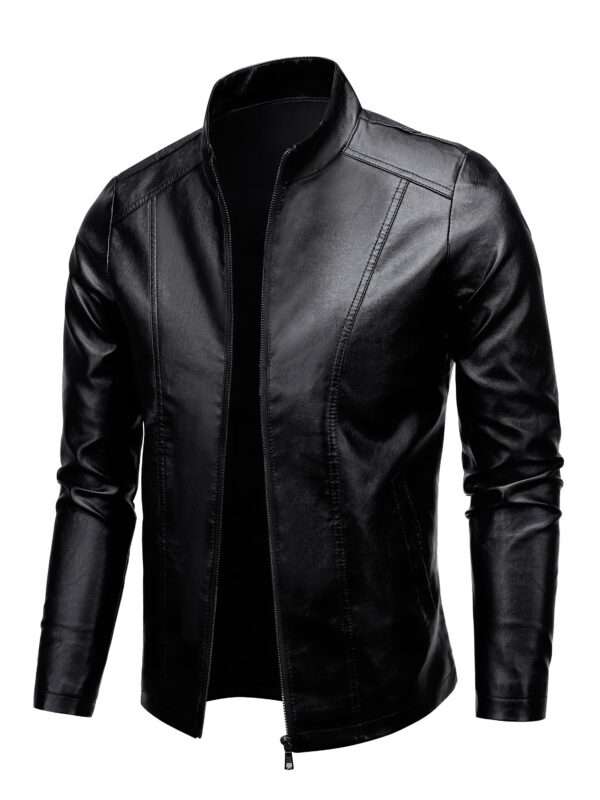 Men's Solid PU Leather Zip Up Stand Collar Motorcycle Jacket For Outdoor Wear, Spring And Fall - Image 8
