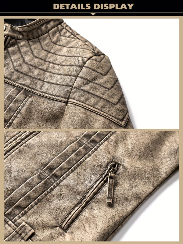 1pc Vintage Style Men'S Faux Leather Jacket - Classic Business Casual Motorcycle Biker Coat, High-Quality Fashion Outerwear with Washed Distressed Finish, Stand Collar, Long Sleeves, Zipper Closure, Non-Stretch Woven Fabric, Solid Color, Polyester Lining - Ideal for Daily & Casual Wear - Image 8