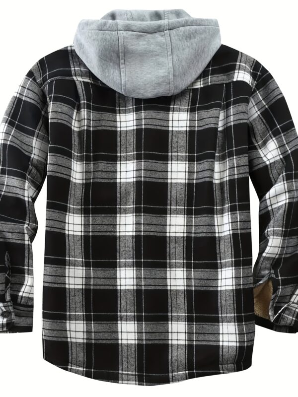 Men's Vintage Plaid Fleece-Lined Hooded Jacket - Warm Sherpa-Lined Button- Shirt with Pockets for Fall & Winter, Beige & Black Retro Style, Long Sleeve, Cotton Blend, Umbrella-Shaped Hem, Fleece Jacket - Image 7