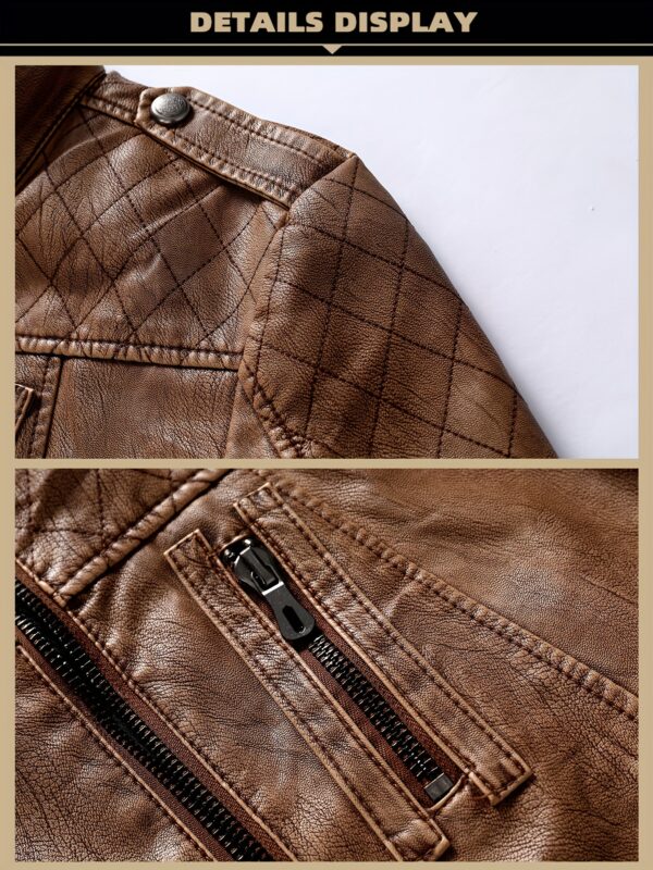 Men's Solid Color Stylish PU Leather Jacket, Chest Pocket Design Street Style Retro Classic Warm Motor Jacket As Gift - Image 10