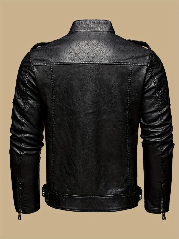 Men's Solid Color Stylish PU Leather Jacket, Chest Pocket Design Street Style Retro Classic Warm Motor Jacket As Gift - Image 5