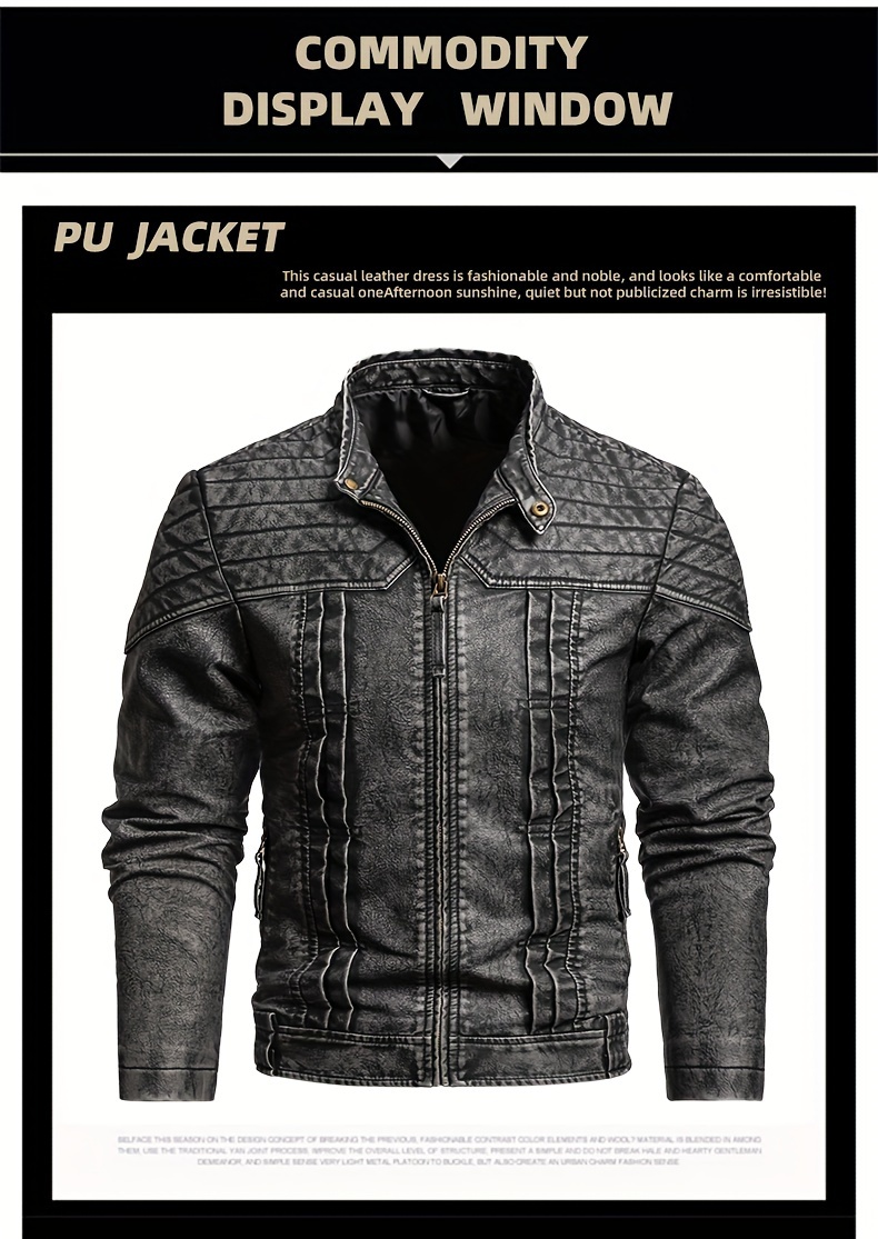 1pc Vintage Style Men'S Faux Leather Jacket - Classic Business Casual Motorcycle Biker Coat, High-Quality Fashion Outerwear with Washed Distressed Finish, Stand Collar, Long Sleeves, Zipper Closure, Non-Stretch Woven Fabric, Solid Color, Polyester Lining - Ideal for Daily & Casual Wear