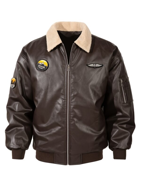 Men's Solid Color PU Leather Bomber Jacket, Casual Comfortable Fleece-Lined Lapel Long Sleeve Outerwear with Zipper Closure, Polyester Lining, and Aviation-Inspired Design for Fall/Winter Outdoor Activities, Outdoor Casual Wear | Aviationinspired Jacket | Durable Outdoor Wear - Image 3