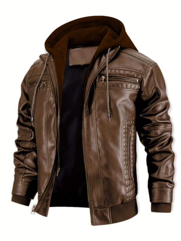 Men'S Casual Stand Collar PU Faux-Faux Leather Zip-Up Motorcycle Bomber Jacket with A Removable Hood - Image 6
