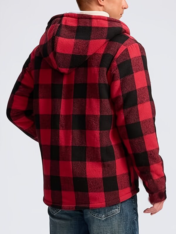 [Plaid Sherpa Hooded Jacket] Warm Plaid Hooded Jacket - Men's Durable Fleece-Lined Sherpa Coat with Full Zipper - Casual Winter Apparel with Chest Pockets and Drawstring Hood - Image 7