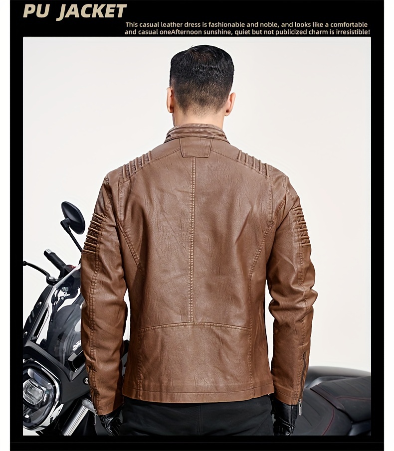 Men's Solid Color Retro PU Leather Jacket, Multi-pocket Street Stylish Classic Bomber Jacket