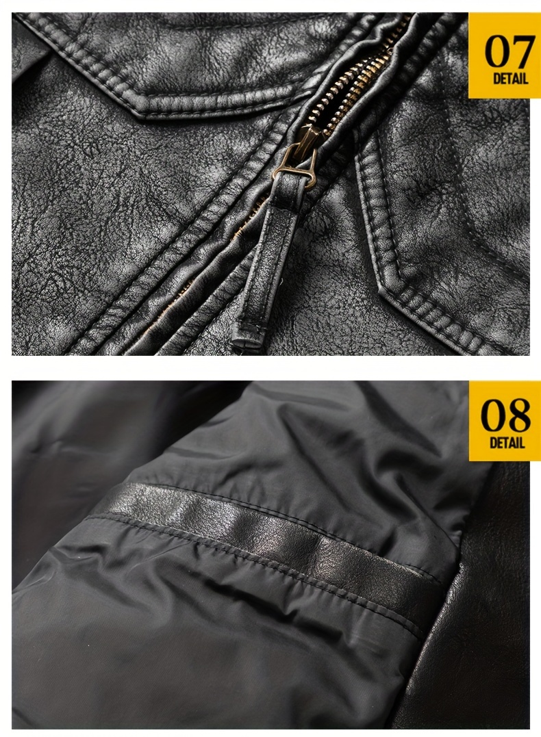 1pc Vintage Style Men'S Faux Leather Jacket - Classic Business Casual Motorcycle Biker Coat, High-Quality Fashion Outerwear with Washed Distressed Finish, Stand Collar, Long Sleeves, Zipper Closure, Non-Stretch Woven Fabric, Solid Color, Polyester Lining - Ideal for Daily & Casual Wear