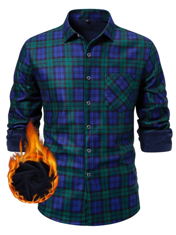 Long Sleeve Plaid Shirt - Velvet-Lined, Button-Up, Cozy - Men's Casual Fall/Winter Wear