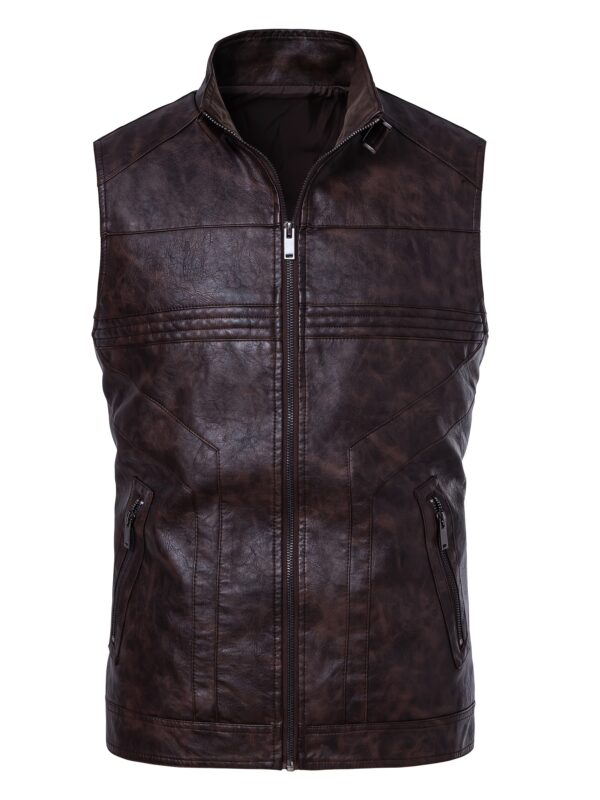 Men's PU Leather Motorcycle Vest - Slim Fit Sleeveless Jacket with Zippered Pockets, Stand Collar & Reinforced Straps, PU Leather & Polyester Blend for Biking, Casual, Daily Wear (Black) - Image 5