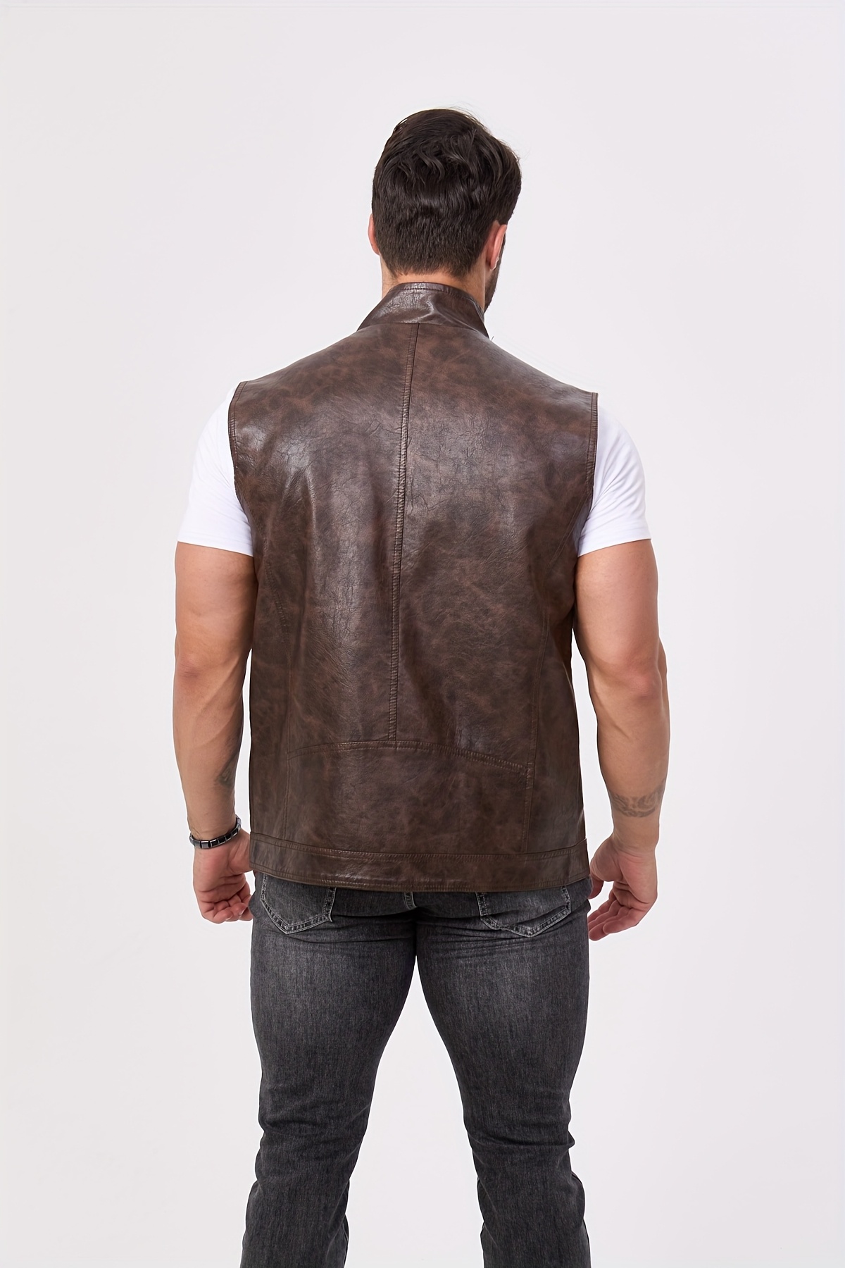 Men's PU Leather Motorcycle Vest - Slim Fit Sleeveless Jacket with Zippered Pockets, Stand Collar & Reinforced Straps, PU Leather & Polyester Blend for Biking, Casual, Daily Wear (Black)