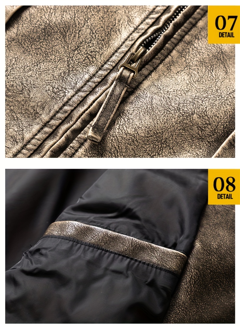 1pc Vintage Style Men'S Faux Leather Jacket - Classic Business Casual Motorcycle Biker Coat, High-Quality Fashion Outerwear with Washed Distressed Finish, Stand Collar, Long Sleeves, Zipper Closure, Non-Stretch Woven Fabric, Solid Color, Polyester Lining - Ideal for Daily & Casual Wear