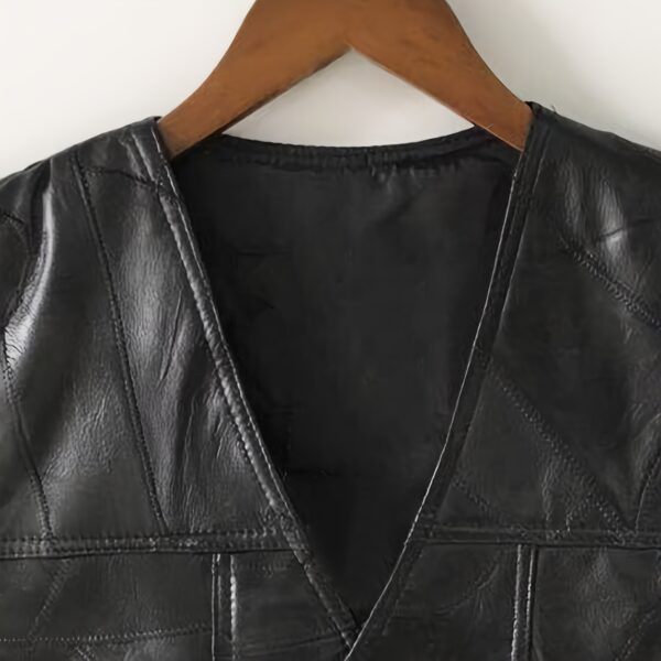 Men's 1pc Faux Leather V-Neck Sleeveless Vest - Motorcycle Riding Clubwear with Hidden Pockets, Snap Buttons & Adjustable Laces, 100% Faux Leather Motocross Jacket - Image 4