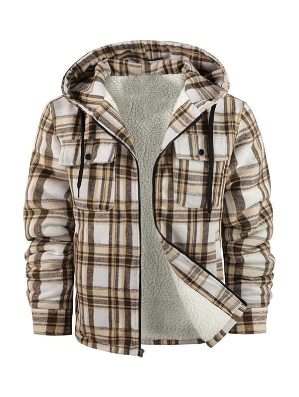 [Plaid Sherpa Hooded Jacket] Warm Plaid Hooded Jacket - Men's Durable Fleece-Lined Sherpa Coat with Full Zipper - Casual Winter Apparel with Chest Pockets and Drawstring Hood - Image 3
