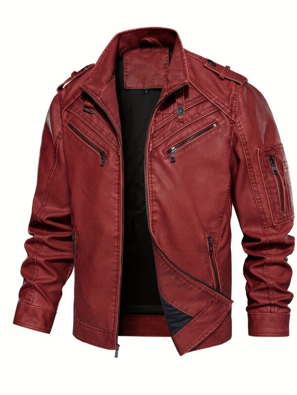 Men's Retro Red Biker Jacket - Stand Collar, Multi-Zip Pockets, Soft Shell Streetwear for Spring & Fall - Image 4