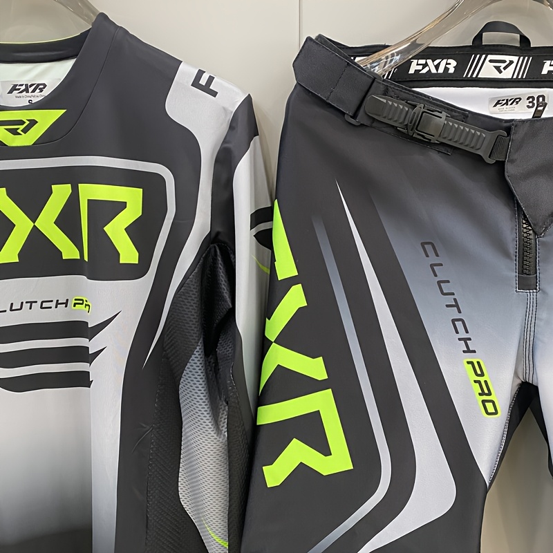 FXR Clutch Pro Black & Grey Motorcycle Racing Suit - Breathable, Loose Fit, Hi-Vis Outdoor Gear with Green Accents, Polyester & Spandex Blend, Outdoor Sports Gear|Modern Motorcycle Gear|Stretchy Material