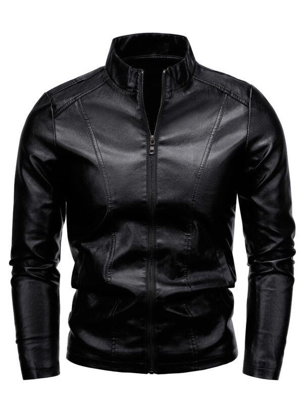 Men's Solid PU Leather Zip Up Stand Collar Motorcycle Jacket For Outdoor Wear, Spring And Fall - Image 5