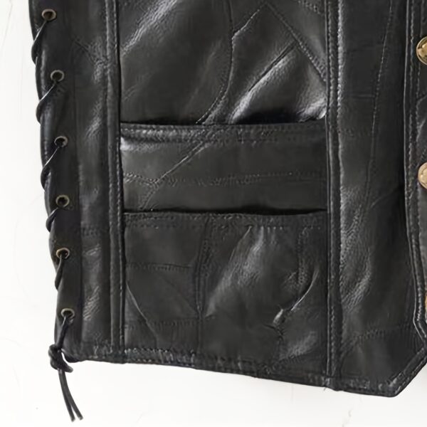 Men's 1pc Faux Leather V-Neck Sleeveless Vest - Motorcycle Riding Clubwear with Hidden Pockets, Snap Buttons & Adjustable Laces, 100% Faux Leather Motocross Jacket - Image 6