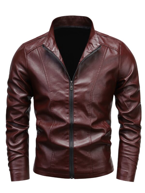 Men's Solid PU Leather Zip Up Stand Collar Motorcycle Jacket For Outdoor Wear, Spring And Fall - Image 7