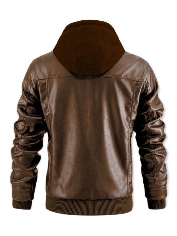 Men'S Casual Stand Collar PU Faux-Faux Leather Zip-Up Motorcycle Bomber Jacket with A Removable Hood - Image 4