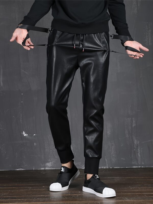 Men`s Faux Leather Joggers PU Pants Elastic Waist Hip Hop Street Style Ankle Cuffed Harem SweatPants - Image 2