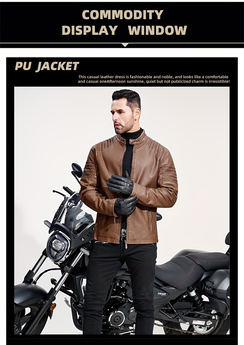 Men's Solid Color Retro PU Leather Jacket, Multi-pocket Street Stylish Classic Bomber Jacket