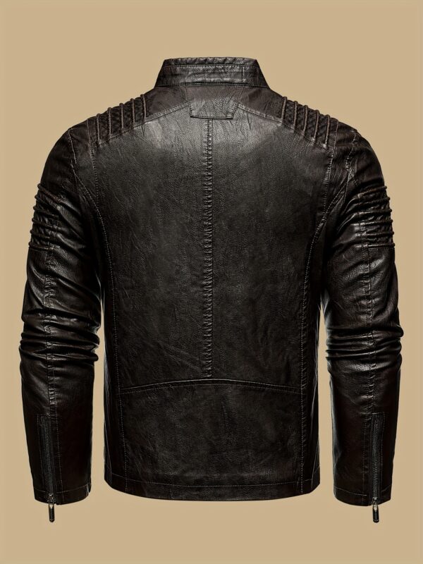 Men's Solid Color Retro PU Leather Jacket, Multi-pocket Street Stylish Classic Bomber Jacket - Image 6