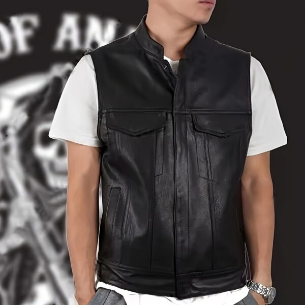 Casual Button-Up Vests Made of Faux Leather for Both Men And Women, Featuring a Lapel And a Short Design Suitable for Any Season. This Motorcycle Jacket Allows for The Addition of Personalized Embroidered Patches, Making It a Great Gift for Holidays Or Anniversaries. - Image 6