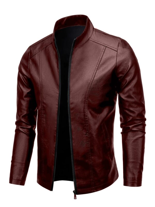 Men's Solid PU Leather Zip Up Stand Collar Motorcycle Jacket For Outdoor Wear, Spring And Fall - Image 10