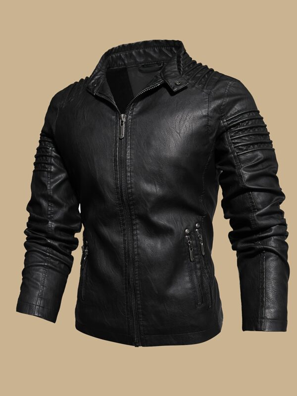 Men's Solid Color Retro PU Leather Jacket, Multi-pocket Street Stylish Classic Bomber Jacket - Image 2