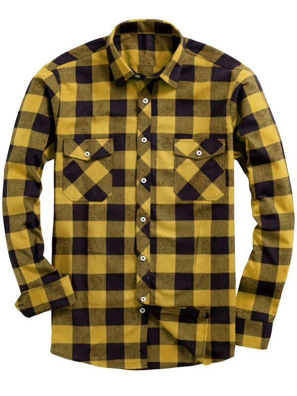 Blue and Black Check Pattern Men's Casual Sporty Plaid Flannel Shirt - Long Sleeve, Button-Up with Chest Pocket, Non-Stretch Fabric - Image 2