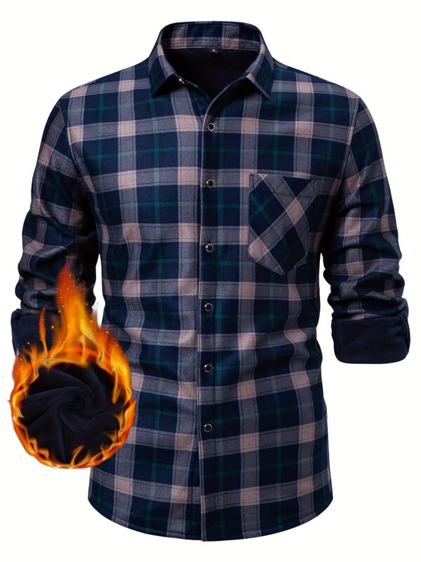 Long Sleeve Plaid Shirt - Velvet-Lined, Button-Up, Cozy - Men's Casual Fall/Winter Wear - Image 6