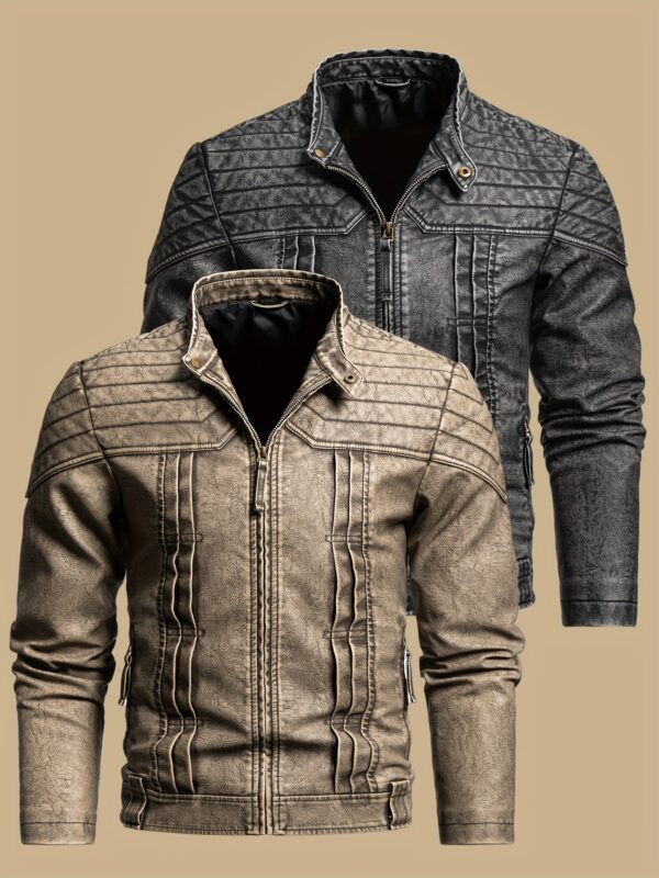 1pc Vintage Style Men'S Faux Leather Jacket - Classic Business Casual Motorcycle Biker Coat, High-Quality Fashion Outerwear with Washed Distressed Finish, Stand Collar, Long Sleeves, Zipper Closure, Non-Stretch Woven Fabric, Solid Color, Polyester Lining - Ideal for Daily & Casual Wear - Image 2