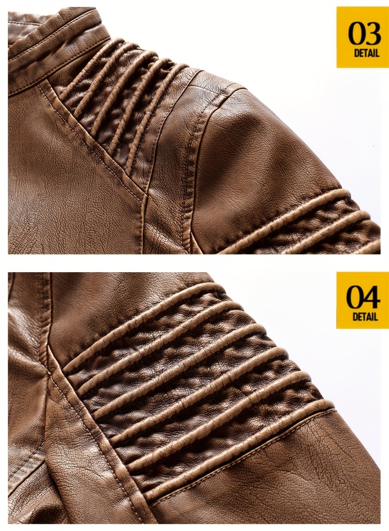Men's Solid Color Retro PU Leather Jacket, Multi-pocket Street Stylish Classic Bomber Jacket