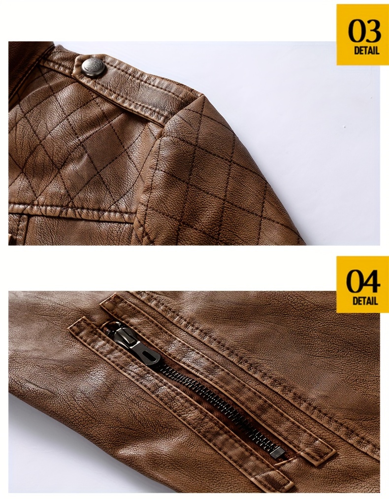 Men's Solid Color Stylish PU Leather Jacket, Chest Pocket Design Street Style Retro Classic Warm Motor Jacket As Gift
