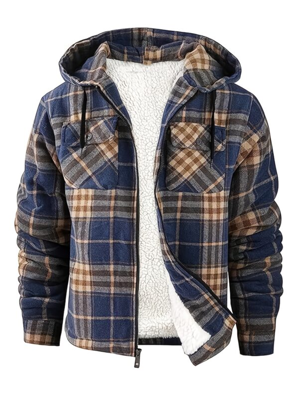 [Plaid Sherpa Hooded Jacket] Warm Plaid Hooded Jacket - Men's Durable Fleece-Lined Sherpa Coat with Full Zipper - Casual Winter Apparel with Chest Pockets and Drawstring Hood - Image 5