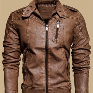 Men's Solid Color Stylish PU Leather Jacket, Chest Pocket Design Street Style Retro Classic Warm Motor Jacket As Gift